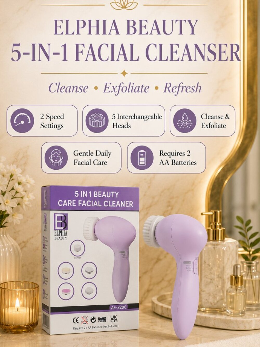 Elphia Beauty 5-in-1 Facial Cleansing Brush Exfoliating Skin Care Tool NIB